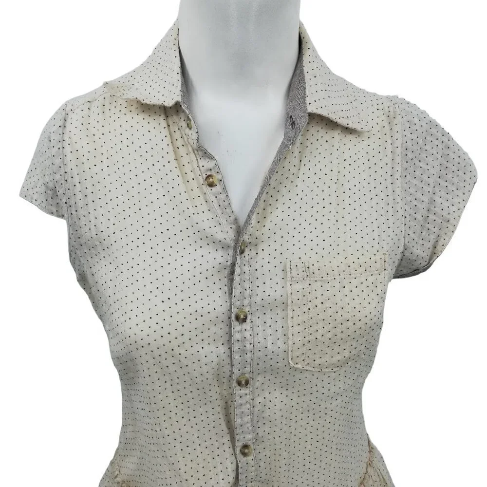 Free People Polka Dot Short Sleeve Ruffle Button Front Shirt Size XS Crochet